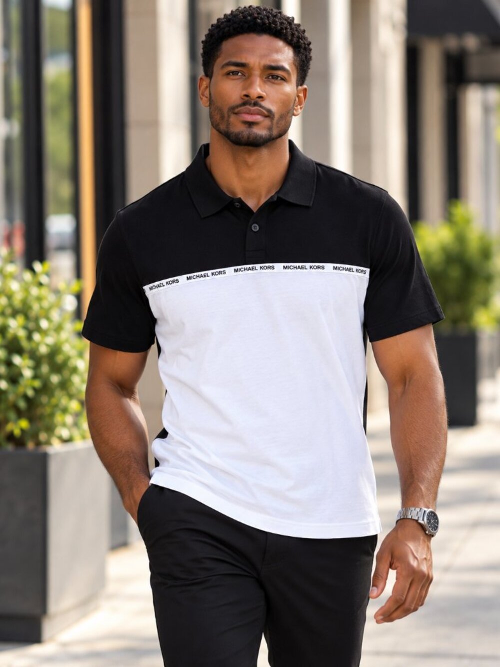 Michael Kors Men’s Black & White Colorblock Logo Tape Polo Shirt Size M